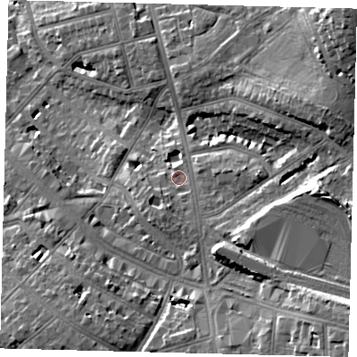 Shaded relief map of the ground around NW117PE, computed from Environment Agency LiDAR. The ground here sits at about 65 m above sea level and falls 27 m across the surrounding 800 m. Surface water reaching this point runs off ground lying to the south-south-west, 3.3 m higher.