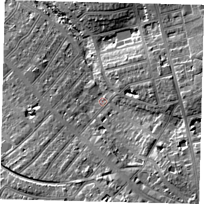 Shaded relief map of the ground around NW118AU, computed from Environment Agency LiDAR. The ground here sits at about 57 m above sea level and falls 23 m across the surrounding 800 m. Surface water reaching this point runs off ground lying to the south-south-east, 14.8 m higher.