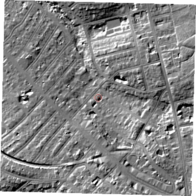 Shaded relief map of the ground around NW118BH, computed from Environment Agency LiDAR. The ground here sits at about 58 m above sea level and falls 23 m across the surrounding 800 m. Surface water reaching this point runs off ground lying to the south-south-east, 8.4 m higher.