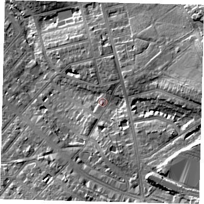 Shaded relief map of the ground around NW118BS, computed from Environment Agency LiDAR. The ground here sits at about 62 m above sea level and falls 26 m across the surrounding 800 m. Surface water reaching this point runs off ground lying to the south-east, 16.4 m higher.