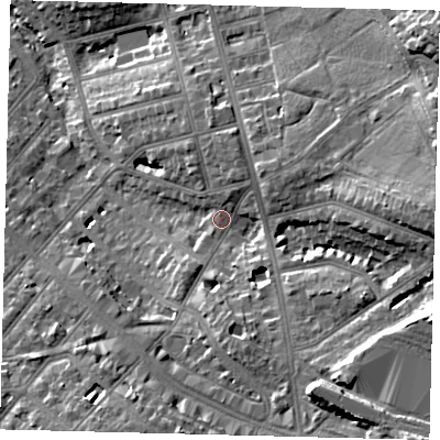 Shaded relief map of the ground around NW118BT, computed from Environment Agency LiDAR. The ground here sits at about 62 m above sea level and falls 27 m across the surrounding 800 m. Surface water reaching this point runs off ground lying to the south-east, 14.9 m higher.