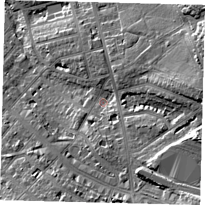 Shaded relief map of the ground around NW118BU, computed from Environment Agency LiDAR. The ground here sits at about 62 m above sea level and falls 27 m across the surrounding 800 m. Surface water reaching this point runs off ground lying to the south-east, 17.2 m higher.