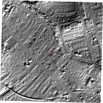 Shaded relief map of the ground around NW119AB, computed from Environment Agency LiDAR. The ground here sits at about 58 m above sea level and falls 22 m across the surrounding 800 m. Surface water reaching this point runs off ground lying to the south-south-west, 4.5 m higher.