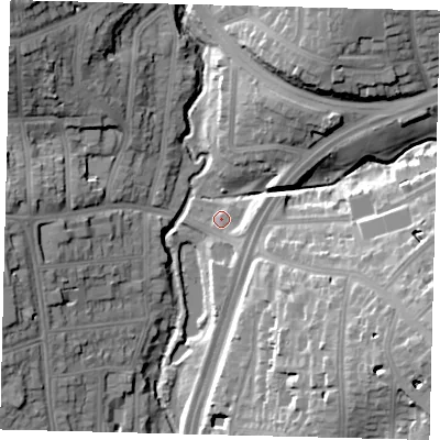 Shaded relief map of the ground around NW119JU, computed from Environment Agency LiDAR. The ground here sits at about 46 m above sea level and falls 26 m across the surrounding 800 m. Surface water reaching this point runs off ground lying to the south, 1.8 m higher.