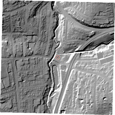 Shaded relief map of the ground around NW119JY, computed from Environment Agency LiDAR. The ground here sits at about 45 m above sea level and falls 28 m across the surrounding 800 m. Surface water reaching this point runs off ground lying to the north-west, 24.1 m higher.