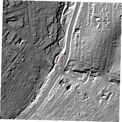 Shaded relief map of the ground around NW119LG, computed from Environment Agency LiDAR. The ground here sits at about 44 m above sea level and falls 26 m across the surrounding 800 m. Surface water reaching this point runs off ground lying to the north-north-east, 8.1 m higher.
