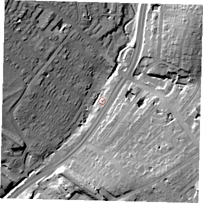 Shaded relief map of the ground around NW119LH, computed from Environment Agency LiDAR. The ground here sits at about 43 m above sea level and falls 26 m across the surrounding 800 m. Surface water reaching this point runs off ground lying to the north-west, 24.4 m higher.
