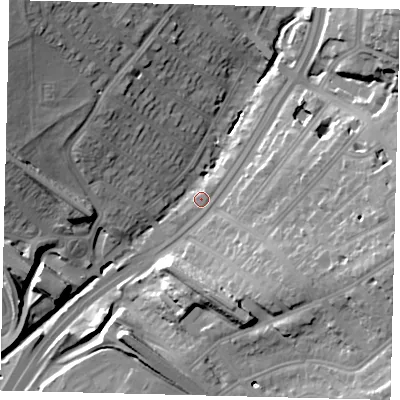Shaded relief map of the ground around NW119LJ, computed from Environment Agency LiDAR. The ground here sits at about 42 m above sea level and falls 25 m across the surrounding 800 m. Surface water reaching this point runs off ground lying to the north-east, 2.5 m higher.