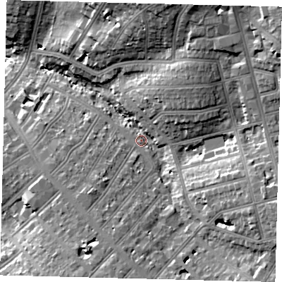 Shaded relief map of the ground around NW119NE, computed from Environment Agency LiDAR. The ground here sits at about 53 m above sea level and falls 24 m across the surrounding 800 m. Surface water reaching this point runs off ground lying to the north-east, 17.4 m higher.