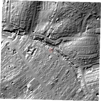 Shaded relief map of the ground around NW119NG, computed from Environment Agency LiDAR. The ground here sits at about 51 m above sea level and falls 29 m across the surrounding 800 m. Surface water reaching this point runs off ground lying to the east, 14.3 m higher.
