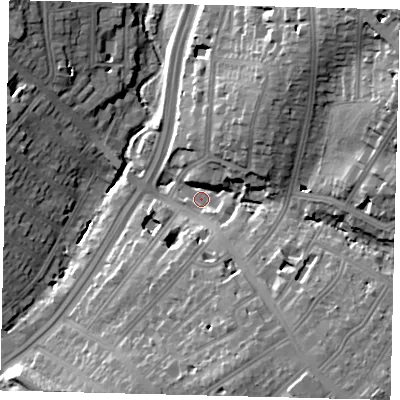 Shaded relief map of the ground around NW119PX, computed from Environment Agency LiDAR. The ground here sits at about 45 m above sea level and falls 28 m across the surrounding 800 m. Surface water reaching this point runs off ground lying to the north-east, 23.8 m higher.