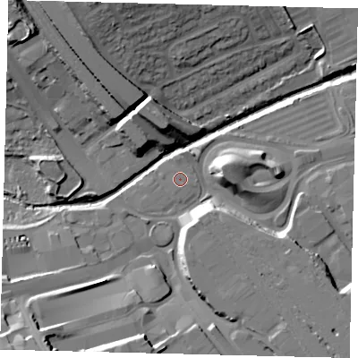 Shaded relief map of the ground around NW21LX, computed from Environment Agency LiDAR. The ground here sits at about 40 m above sea level and falls 20 m across the surrounding 800 m. Surface water reaching this point runs off ground lying to the north, 1.3 m higher.