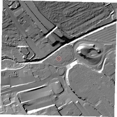 Shaded relief map of the ground around NW21LY, computed from Environment Agency LiDAR. The ground here sits at about 40 m above sea level and falls 19 m across the surrounding 800 m. Surface water reaching this point runs off ground lying to the south-east, 10.4 m higher.
