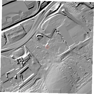 Shaded relief map of the ground around NW21TR, computed from Environment Agency LiDAR. The ground here sits at about 43 m above sea level and falls 18 m across the surrounding 800 m. Surface water reaching this point runs off ground lying to the south-south-east, 9.3 m higher.