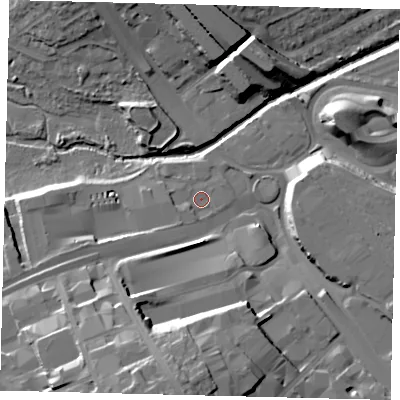 Shaded relief map of the ground around NW27AN, computed from Environment Agency LiDAR. The ground here sits at about 41 m above sea level and falls 24 m across the surrounding 800 m. Surface water reaching this point runs off ground lying to the south-west, 1.7 m higher.