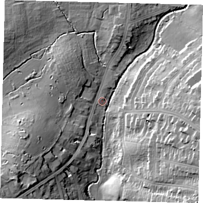 Shaded relief map of the ground around NW41LJ, computed from Environment Agency LiDAR. The ground here sits at about 51 m above sea level and falls 24 m across the surrounding 800 m. Surface water reaching this point runs off ground lying to the south-west, 18.7 m higher.
