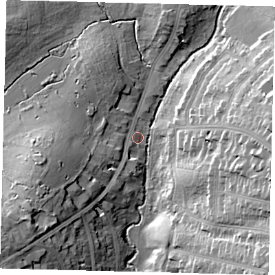 Shaded relief map of the ground around NW41LL, computed from Environment Agency LiDAR. The ground here sits at about 50 m above sea level and falls 24 m across the surrounding 800 m. Surface water reaching this point runs off ground lying to the east, 22.2 m higher.