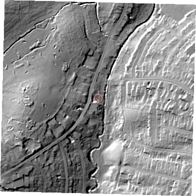 Shaded relief map of the ground around NW41LN, computed from Environment Agency LiDAR. The ground here sits at about 50 m above sea level and falls 25 m across the surrounding 800 m. Surface water reaching this point runs off ground lying to the south-west, 5.4 m higher.
