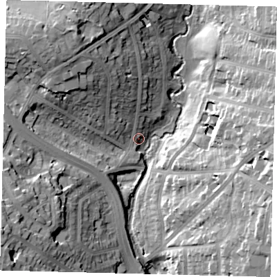 Shaded relief map of the ground around NW41NN, computed from Environment Agency LiDAR. The ground here sits at about 50 m above sea level and falls 29 m across the surrounding 800 m. Surface water reaching this point runs off ground lying to the north-north-west, 13.9 m higher.