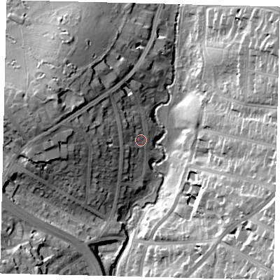 Shaded relief map of the ground around NW41NP, computed from Environment Agency LiDAR. The ground here sits at about 52 m above sea level and falls 25 m across the surrounding 800 m. Surface water reaching this point runs off ground lying to the north-west, 5.8 m higher.