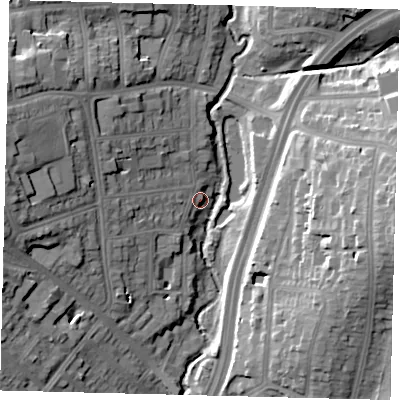 Shaded relief map of the ground around NW42LT, computed from Environment Agency LiDAR. The ground here sits at about 46 m above sea level and falls 25 m across the surrounding 800 m. Surface water reaching this point runs off ground lying to the west, 11.7 m higher.