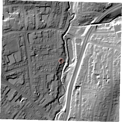 Shaded relief map of the ground around NW42LU, computed from Environment Agency LiDAR. The ground here sits at about 45 m above sea level and falls 24 m across the surrounding 800 m. Surface water reaching this point runs off ground lying to the west-north-west, 14.4 m higher.