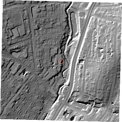 Shaded relief map of the ground around NW42ND, computed from Environment Agency LiDAR. The ground here sits at about 46 m above sea level and falls 26 m across the surrounding 800 m. Surface water reaching this point runs off ground lying to the west, 3.6 m higher.