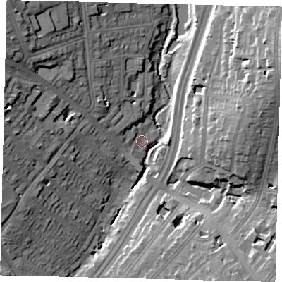 Shaded relief map of the ground around NW42NF, computed from Environment Agency LiDAR. The ground here sits at about 43 m above sea level and falls 27 m across the surrounding 800 m. Surface water reaching this point runs off ground lying to the north-west, 23.0 m higher.