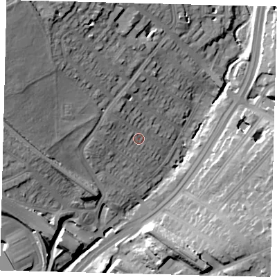 Shaded relief map of the ground around NW42PY, computed from Environment Agency LiDAR. The ground here sits at about 46 m above sea level and falls 32 m across the surrounding 800 m. Surface water reaching this point runs off ground lying to the north-west, 6.0 m higher.