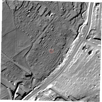 Shaded relief map of the ground around NW42QA, computed from Environment Agency LiDAR. The ground here sits at about 46 m above sea level and falls 31 m across the surrounding 800 m. Surface water reaching this point runs off ground lying to the north-west, 7.1 m higher.