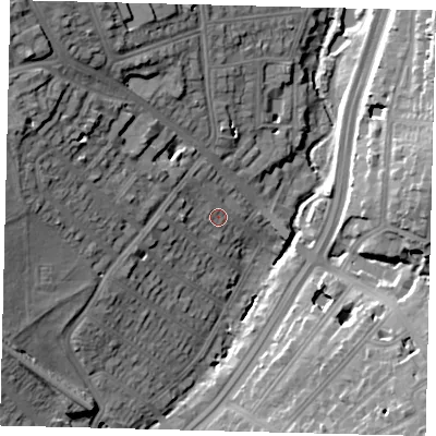 Shaded relief map of the ground around NW42QL, computed from Environment Agency LiDAR. The ground here sits at about 47 m above sea level and falls 31 m across the surrounding 800 m. Surface water reaching this point runs off ground lying to the west, 5.0 m higher.