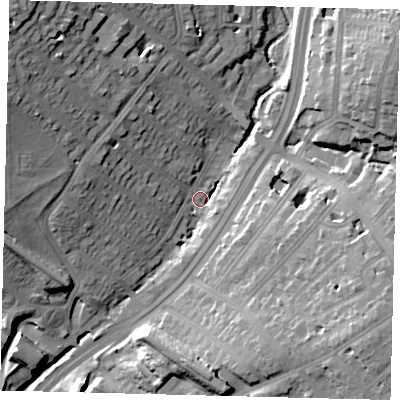 Shaded relief map of the ground around NW42QN, computed from Environment Agency LiDAR. The ground here sits at about 41 m above sea level and falls 27 m across the surrounding 800 m. Surface water reaching this point runs off ground lying to the north-west, 25.8 m higher.