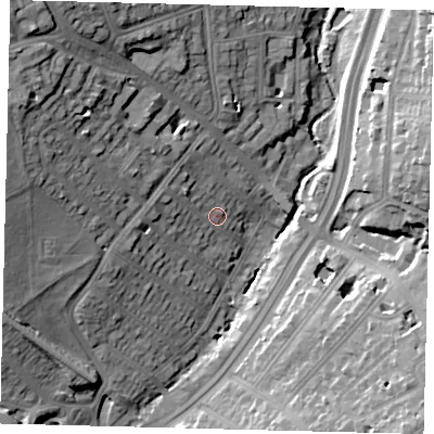 Shaded relief map of the ground around NW42QP, computed from Environment Agency LiDAR. The ground here sits at about 46 m above sea level and falls 30 m across the surrounding 800 m. Surface water reaching this point runs off ground lying to the west-north-west, 5.8 m higher.