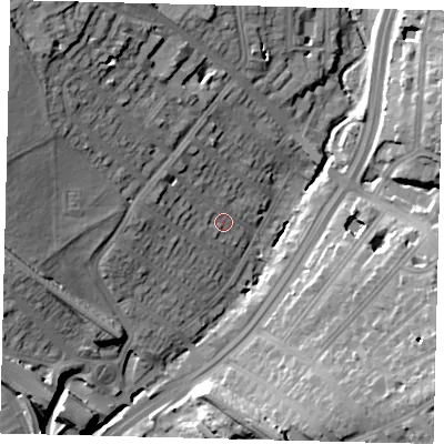 Shaded relief map of the ground around NW42QT, computed from Environment Agency LiDAR. The ground here sits at about 45 m above sea level and falls 30 m across the surrounding 800 m. Surface water reaching this point runs off ground lying to the west-north-west, 7.5 m higher.