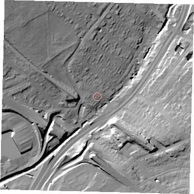 Shaded relief map of the ground around NW42QU, computed from Environment Agency LiDAR. The ground here sits at about 44 m above sea level and falls 29 m across the surrounding 800 m. Surface water reaching this point runs off ground lying to the north-west, 7.6 m higher.