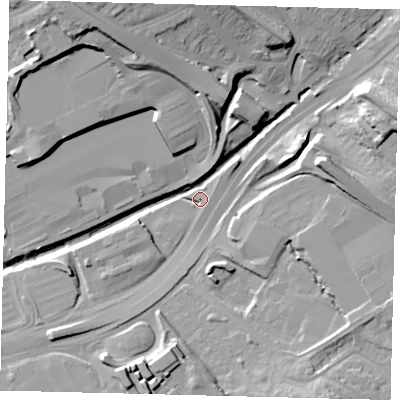 Shaded relief map of the ground around NW43AJ, computed from Environment Agency LiDAR. The ground here sits at about 40 m above sea level and falls 21 m across the surrounding 800 m. Surface water reaching this point runs off ground lying to the south-west, 8.0 m higher.
