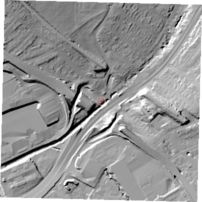 Shaded relief map of the ground around NW43BG, computed from Environment Agency LiDAR. The ground here sits at about 42 m above sea level and falls 27 m across the surrounding 800 m. Surface water reaching this point runs off ground lying to the north-west, 26.3 m higher.
