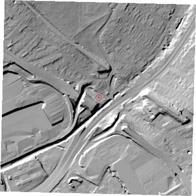 Shaded relief map of the ground around NW43BH, computed from Environment Agency LiDAR. The ground here sits at about 42 m above sea level and falls 28 m across the surrounding 800 m. Surface water reaching this point runs off ground lying to the north-west, 20.2 m higher.