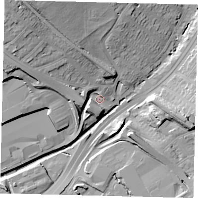 Shaded relief map of the ground around NW43BJ, computed from Environment Agency LiDAR. The ground here sits at about 42 m above sea level and falls 29 m across the surrounding 800 m. Surface water reaching this point runs off ground lying to the north-west, 24.0 m higher.
