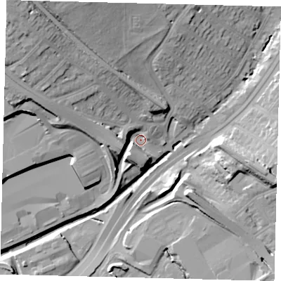 Shaded relief map of the ground around NW43BQ, computed from Environment Agency LiDAR. The ground here sits at about 41 m above sea level and falls 29 m across the surrounding 800 m. Surface water reaching this point runs off ground lying to the north-west, 24.3 m higher.
