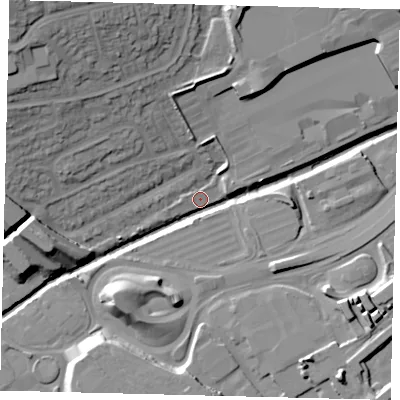 Shaded relief map of the ground around NW43BR, computed from Environment Agency LiDAR. The ground here sits at about 39 m above sea level and falls 28 m across the surrounding 800 m. Surface water reaching this point runs off ground lying to the north-north-west, 11.5 m higher.