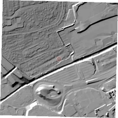 Shaded relief map of the ground around NW43HP, computed from Environment Agency LiDAR. The ground here sits at about 40 m above sea level and falls 30 m across the surrounding 800 m. Surface water reaching this point runs off ground lying to the north-west, 12.6 m higher.