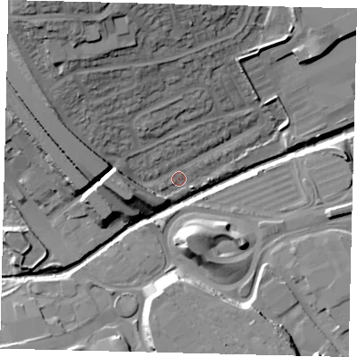 Shaded relief map of the ground around NW43HR, computed from Environment Agency LiDAR. The ground here sits at about 40 m above sea level and falls 27 m across the surrounding 800 m. Surface water reaching this point runs off ground lying to the north, 4.6 m higher.