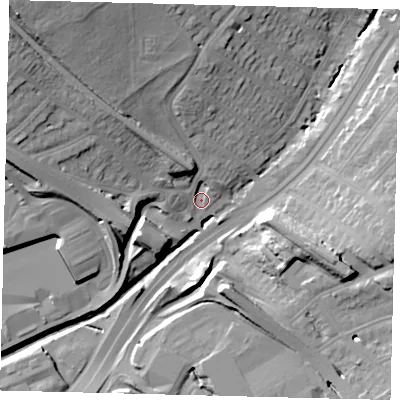 Shaded relief map of the ground around NW43RG, computed from Environment Agency LiDAR. The ground here sits at about 41 m above sea level and falls 29 m across the surrounding 800 m. Surface water reaching this point runs off ground lying to the north-west, 24.5 m higher.