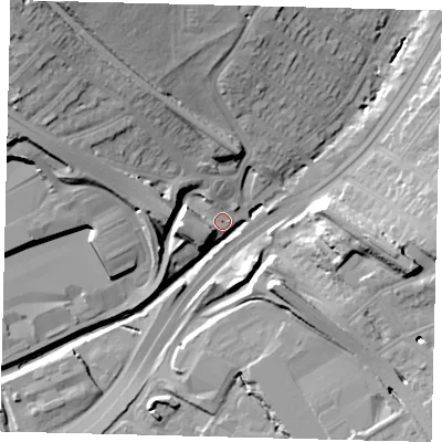 Shaded relief map of the ground around NW43RJ, computed from Environment Agency LiDAR. The ground here sits at about 42 m above sea level and falls 28 m across the surrounding 800 m. Surface water reaching this point runs off ground lying to the north-west, 20.3 m higher.