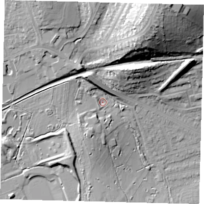 Shaded relief map of the ground around NW71DG, computed from Environment Agency LiDAR. The ground here sits at about 64 m above sea level and falls 38 m across the surrounding 800 m. Surface water reaching this point runs off ground lying to the north-north-west, 9.2 m higher.