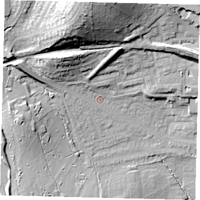 Shaded relief map of the ground around NW71DJ, computed from Environment Agency LiDAR. The ground here sits at about 60 m above sea level and falls 42 m across the surrounding 800 m. Surface water reaching this point runs off ground lying to the north, 33.9 m higher.