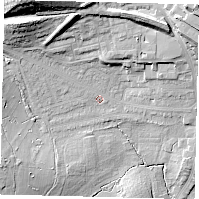 Shaded relief map of the ground around NW71DR, computed from Environment Agency LiDAR. The ground here sits at about 57 m above sea level and falls 35 m across the surrounding 800 m. Surface water reaching this point runs off ground lying to the north-north-west, 20.5 m higher.
