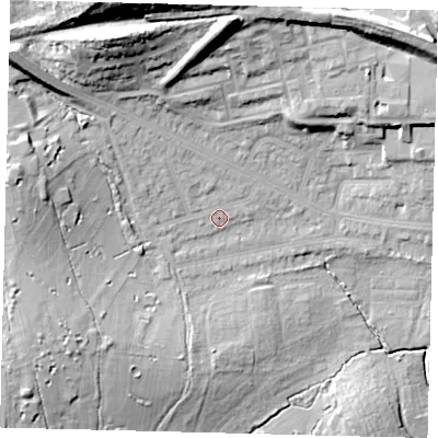 Shaded relief map of the ground around NW71DS, computed from Environment Agency LiDAR. The ground here sits at about 58 m above sea level and falls 29 m across the surrounding 800 m. Surface water reaching this point runs off ground lying to the north-west, 6.5 m higher.