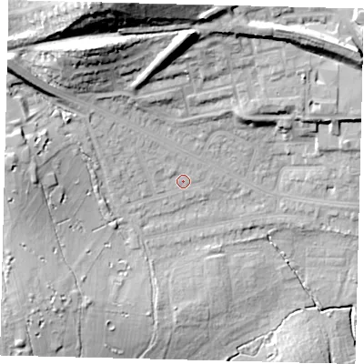 Shaded relief map of the ground around NW71DT, computed from Environment Agency LiDAR. The ground here sits at about 58 m above sea level and falls 36 m across the surrounding 800 m. Surface water reaching this point runs off ground lying to the north-west, 6.0 m higher.